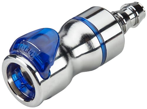 Straight, Thumb Latch - LQ6 Non-Spill Series Female to Tube Fitment 9,5mm (3/8") ID, Chrome Plated Brass Blue, 3/8" Flow, Plastic Latch