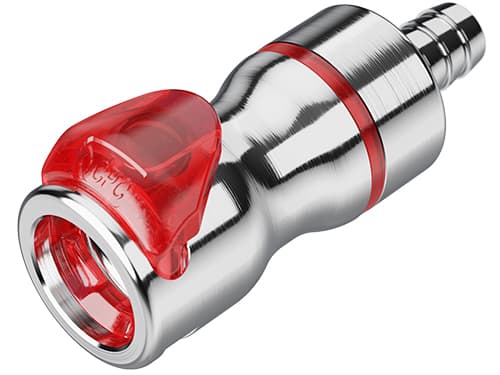 Straight, Thumb Latch - LQ6 Non-Spill Series Female to Tube Fitment 9,5mm (3/8") ID, Chrome Plated Brass Red, 3/8" Flow, Plastic Latch