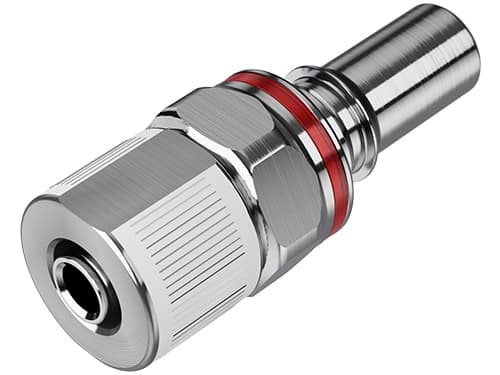 Straight, Thumb Latch - LQ6 Non-Spill Series Male to PTF (Push to Fit) 12,7mm (1/2") OD, Chrome Plated Brass Red, 3/8" Flow