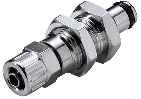 Panel Mount, Thumb Latch - PMC/MC Series Male to PTF (Push to Fit) 6,4mm (1/4") OD, Chrome Plated Brass, 1/8" Flow