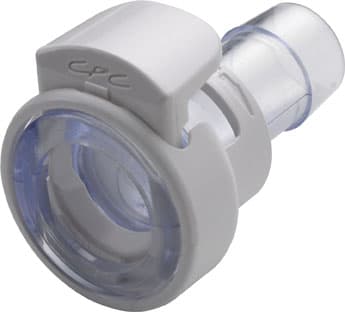 Straight, Thumb Latch - MPC Female to Tube Fitment 9,5mm (3/8") ID, PC (Polycarbonate) Purple Tint, Plastic Latch, with Locking Mechanism