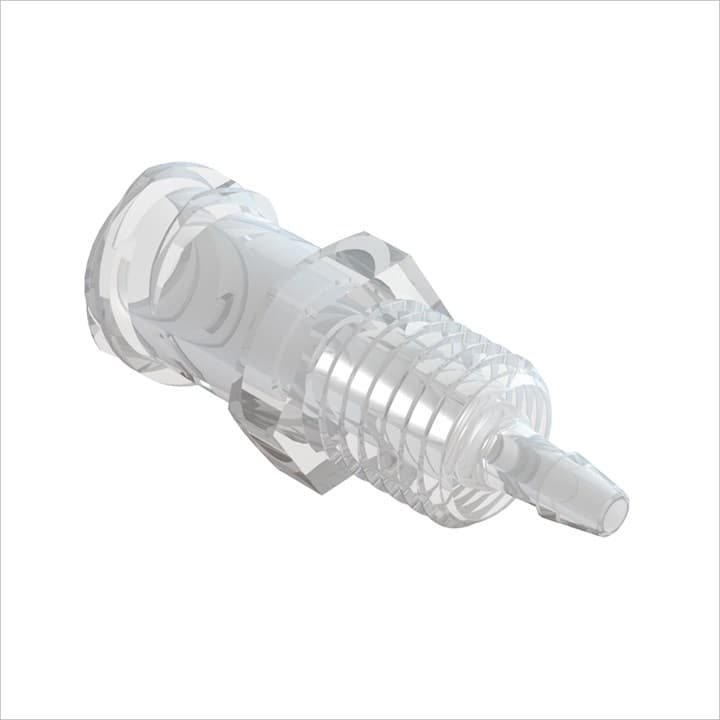 Weibl. Luer Vollgewinde Gehäusedurchf. 1/4-28 UNF zu Barb für 1/16" (1.6mm) ID Schl., tierrückstandsfreies. PP, bns