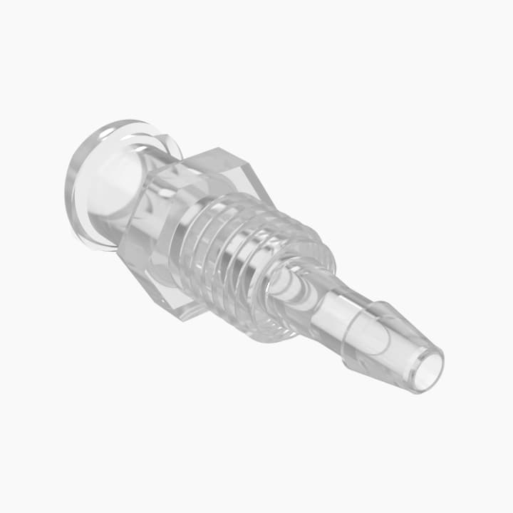 Weibl. Luer Vollgewinde Gehäusedurchf. 1/4-28 UNF zu Barb für 3/32" (2.4mm) ID Schl., tierrückstandsfreies PP, bns