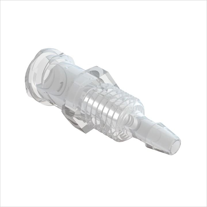 Weibl. Luer Vollgewinde Gehäusedurchf. 1/4-28 UNF zu Barb für 3/32" (2.4mm) ID Schl., tierrückstandsfreies PP, bns