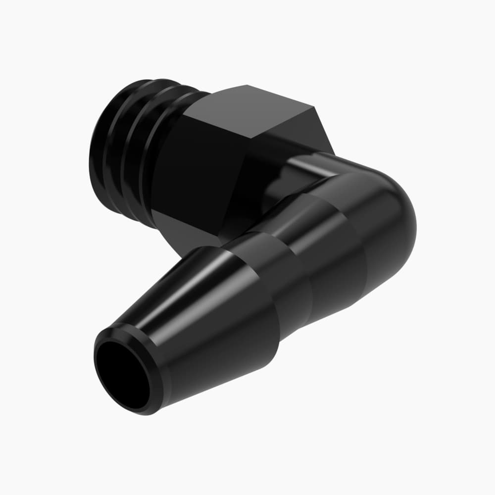 10-32 Konisches Gewinde Ellbogen mit Barb für 3/32"(2.4mm) ID Schlauch,  PA schwarz, bns