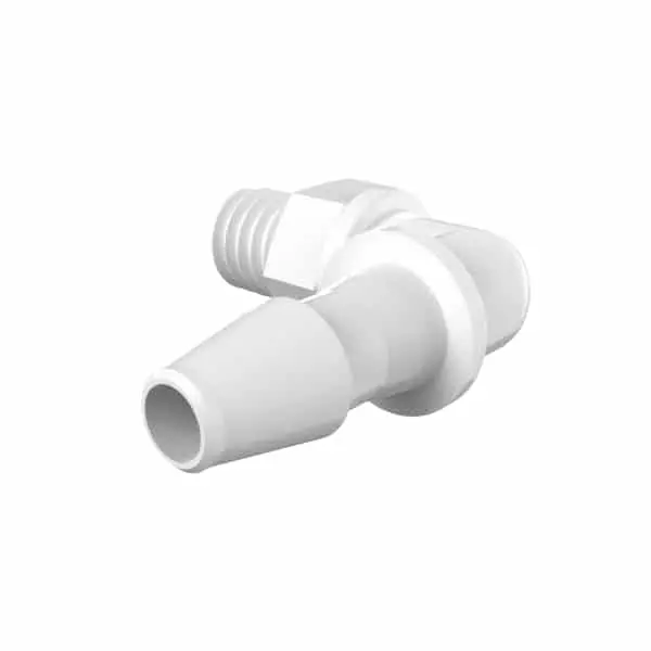Elbow 10-32 Taper x 1/8" Barb in Natural Kynar 740 Threaded