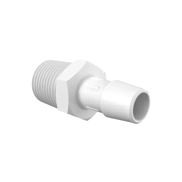 Adapter with 1/2" NPT Thread and 1/2" Barb in White Polypropylene