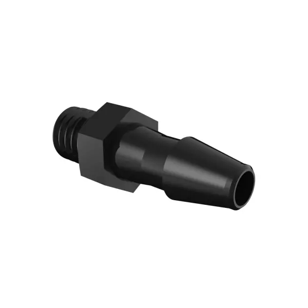 Adapter with 10–32 Taper Thread and 1/8" Barb in Black Nylon