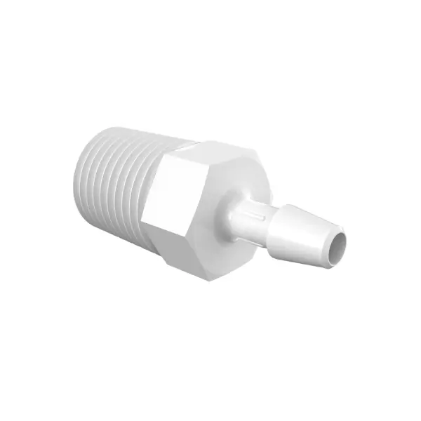 Adapter with 1/4" NPT and 3/16" Barb in White Polypropylene