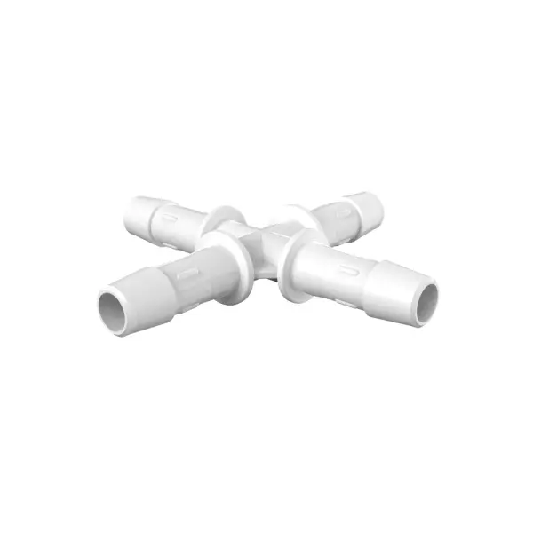 Vierfach Kreuzverteiler für 3/8"(9.5mm) ID Schlauch, Kynar PVDF natur, bns