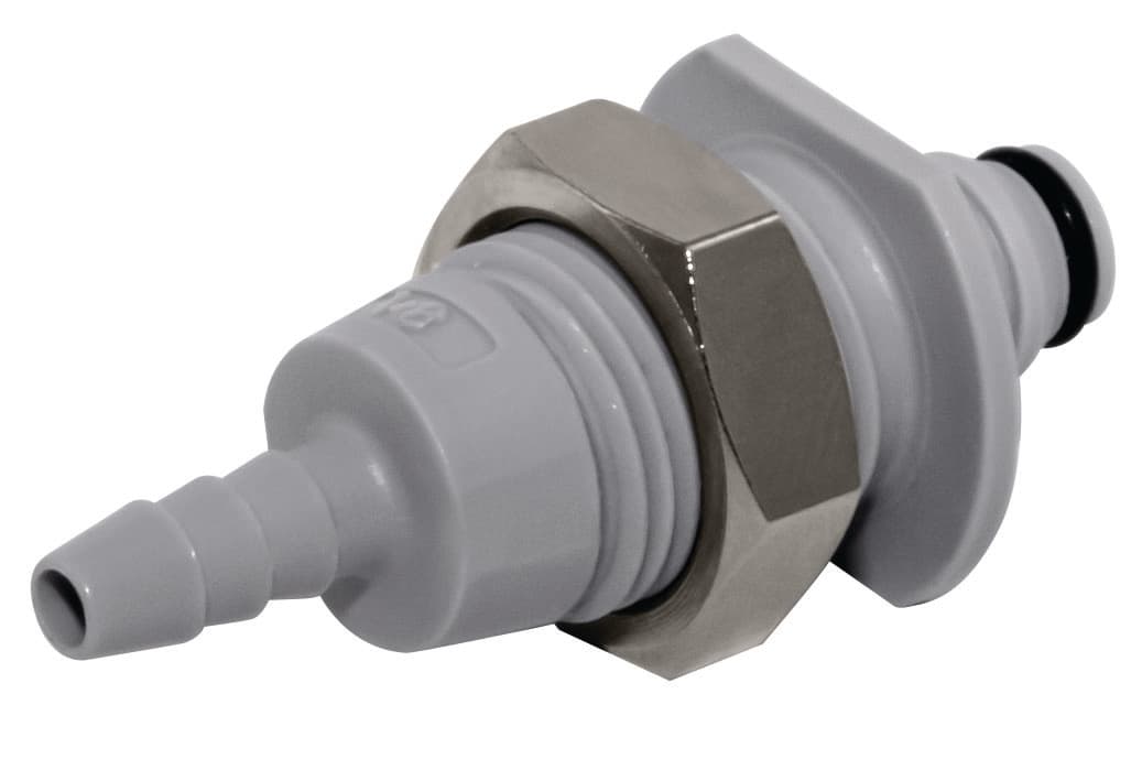 Panel Mount, Thumb Latch - NS1 Non-Spill Series Male to Tube Fitment 3,2mm (1/8") ID, PP (Polypropylene) - Glass Filled Grey, 1/16" Flow