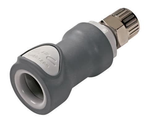 Straight, Thumb Latch - NS4 Non-Spill Series Female to PTF (Push to Fit) 9,5mm (3/8") OD, PP (Polypropylene) - Glass Filled Grey, 1/4" Flow, Plastic Latch