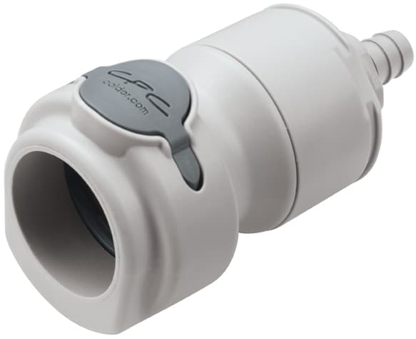 NSH Weibliche Schnellverschlusskupplung, mit Ventil, Barb für 3/8"(9,5mm) ID Schlauch, PP grau, bns (Bulk, unsteril)
