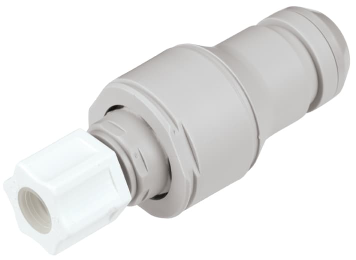 NSH Männliche Schnellverschlusskupplung, mit Ventil, Quetschverbindung für 1/2" (12,7mm) AD Schlauch, PP grau, bns (Bulk, unsteril)