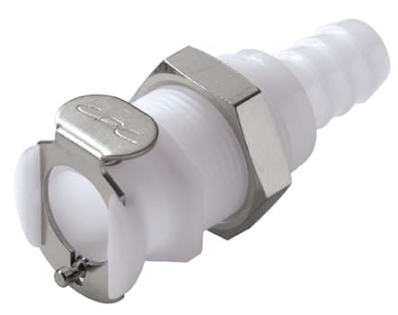 PLC Weibliche Gehäusedurchführung offen, Barb für 3/8"(9,5mm) ID Schlauch, Acetal weiß, bns (Bulk, unsteril)