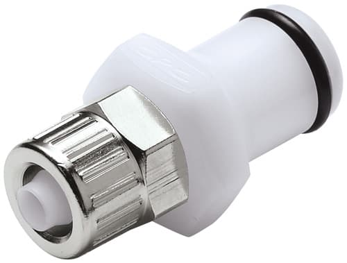 PLC Männliche Schnellverschlusskupplung, offen, PTF für 1/4"(6,4mm) AD Schlauch, Acetal weiß, bns (Bulk, unsteril)