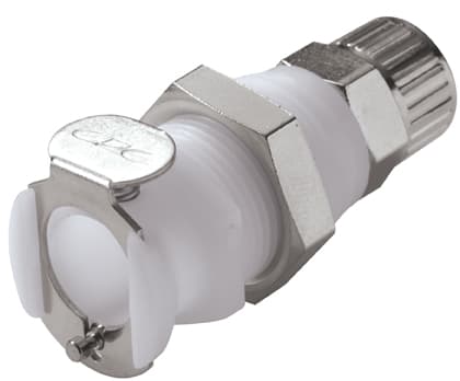 PLC Weibliche Gehäusedurchführung mit Ventil, PTF für 3/8"(9,5mm) AD Schlauch, Acetal weiß, bns (Bulk, unsteril)