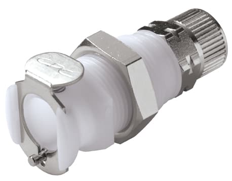 Panel Mount, Thumb Latch - PLC/LC Series Female to PTF (Push to Fit) 8,0mm (5/16") OD, Acetal White, 1/4" Flow, Metal Latch