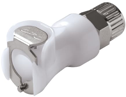 PLC Weibliche Schnellverschlusskupplung, mit Ventil, PTF für 3/8"(9,5mm) AD Schlauch, Acetal weiß, bns (Bulk, unsteril)