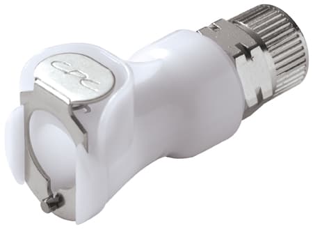 PLC Weibliche Schnellverschlusskupplung, mit Ventil, PTF für 5/16"(8,0mm) AD Schlauch, Acetal weiß, bns (Bulk, unsteril)