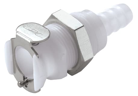 PLC Weibliche Gehäusedurchführung mit Ventil, Barb für 5/16"(8,0mm) ID Schlauch, Acetal weiß, bns (Bulk, unsteril)