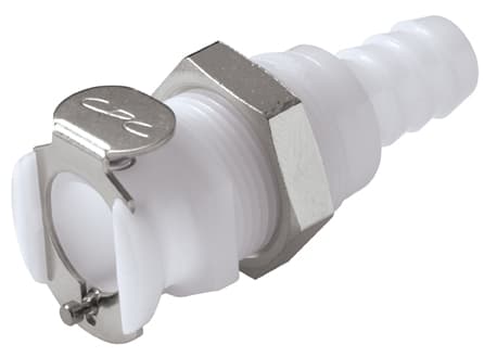 PLC Weibliche Gehäusedurchführung mit Ventil, Barb für 3/8"(9,5mm) ID Schlauch, Acetal weiß, bns (Bulk, unsteril)