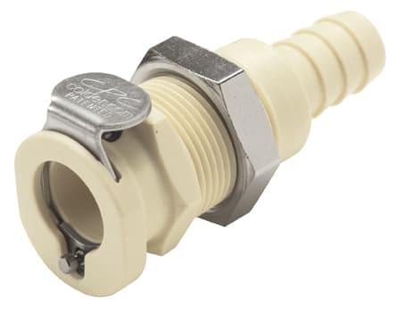 PLC Weibliche Gehäusedurchführung mit Ventil, Barb für 3/8"(9,5mm) ID Schlauch, PP beige, bns (Bulk, unsteril)