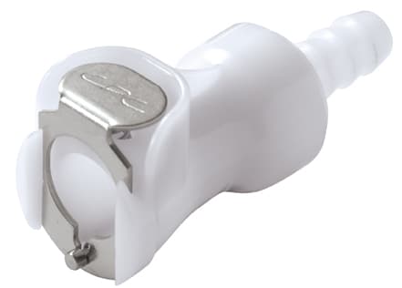 PLC Weibliche Schnellverschlusskupplung, mit Ventil, Barb für 1/4"(6,4mm) ID Schlauch, Acetal weiß, bns (Bulk, unsteril)