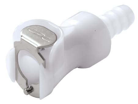 PLC Weibliche Schnellverschlusskupplung, mit Ventil, Barb für 5/16"(8,0mm) ID Schlauch, Acetal weiß, bns (Bulk, unsteril)