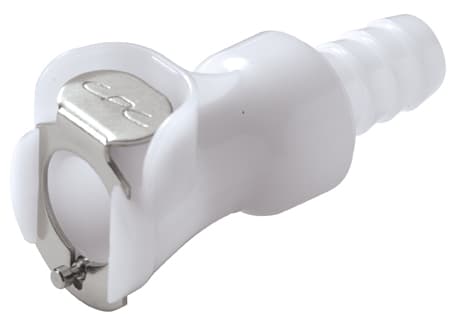 PLC Weibliche Schnellverschlusskupplung, mit Ventil, Barb für 3/8"(9,5mm) ID Schlauch, Acetal weiß, bns (Bulk, unsteril)