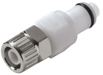 PLC Männliche Schnellverschlusskupplung, mit Ventil, PTF für 3/8"(9,5mm) AD Schlauch, Acetal weiß, bns (Bulk, unsteril)