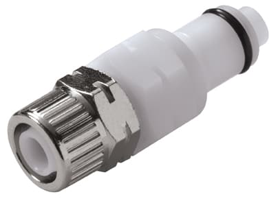 PLC Männliche Schnellverschlusskupplung, mit Ventil, PTF für .394"(10,0mm) AD Schlauch, Acetal weiß, bns (Bulk, unsteril)