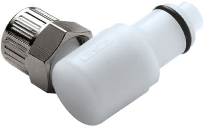 PLC Männlicher Ellbogenkonnektor, mit Ventil, PTF für 3/8"(9,5mm) AD Schlauch, Acetal weiß, bns (Bulk, unsteril)