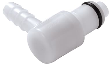 PLC Männlicher Ellbogenkonnektor, mit Ventil, Barb für 1/4"(6,4mm) ID Schlauch, Acetal weiß, bns (Bulk, unsteril)