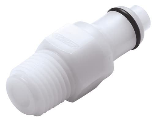 PLC Männliche Schnellverschlusskupplung, mit Ventil, 1/4" NPT Gewinde, Acetal weiß, bns (Bulk, unsteril)