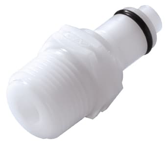 PLC Männliche Schnellverschlusskupplung, mit Ventil, 3/8" BSPT Gewinde, Acetal weiß, bns (Bulk, unsteril)