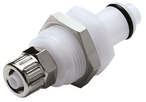 PLC Männliche Gehäusedurchführung, mit Ventil, PTF für 1/4"(6,4mm) AD Schlauch, Acetal weiß, bns (Bulk, unsteril)