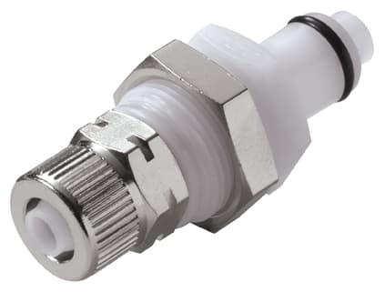 PLC Männliche Gehäusedurchführung, mit Ventil, PTF für 5/16"(8,0mm) AD Schlauch, Acetal weiß, bns (Bulk, unsteril)