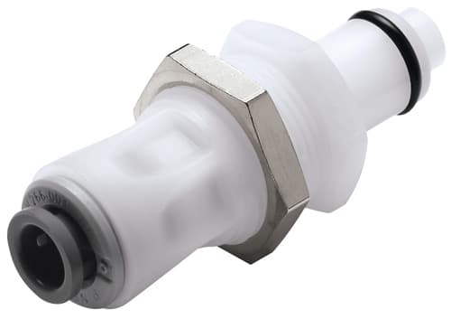 PLC Männliche Gehäusedurchführung, mit Ventil, Push-In für 1/4"(6,4mm) AD Schlauch, Acetal weiß, bns (Bulk, unsteril)