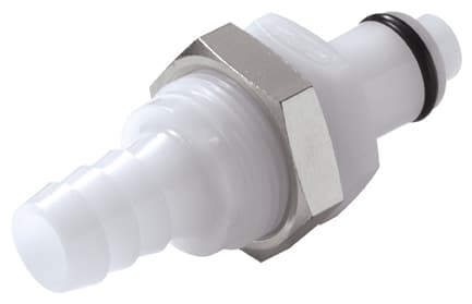 PLC Männliche Gehäusedurchführung, mit Ventil, Barb für 3/8"(9,5mm) ID Schlauch, Acetal weiß, bns (Bulk, unsteril)