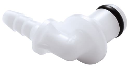Elbow, Thumb Latch - PMC/MC Series Male to Tube Fitment 3,2mm (1/8") ID, Acetal White, 1/8" Flow