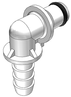 PMC Männlicher Ellbogenkonnektor, offen, Barb für 1/4"(6,4mm) ID Schlauch, Acetal weiß, bns (Bulk, unsteril)