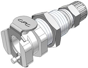 Panel Mount, Thumb Latch - PMC/MC Series Female to PTF (Push to Fit) 6,4mm (1/4") OD, Acetal White, 1/8" Flow, Metal Latch