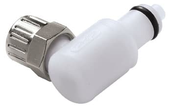 PMC Männlicher Ellbogenkonnektor, mit Ventil, PTF für 1/4"(6,4mm) AD Schlauch, Acetal weiß, bns (Bulk, unsteril)