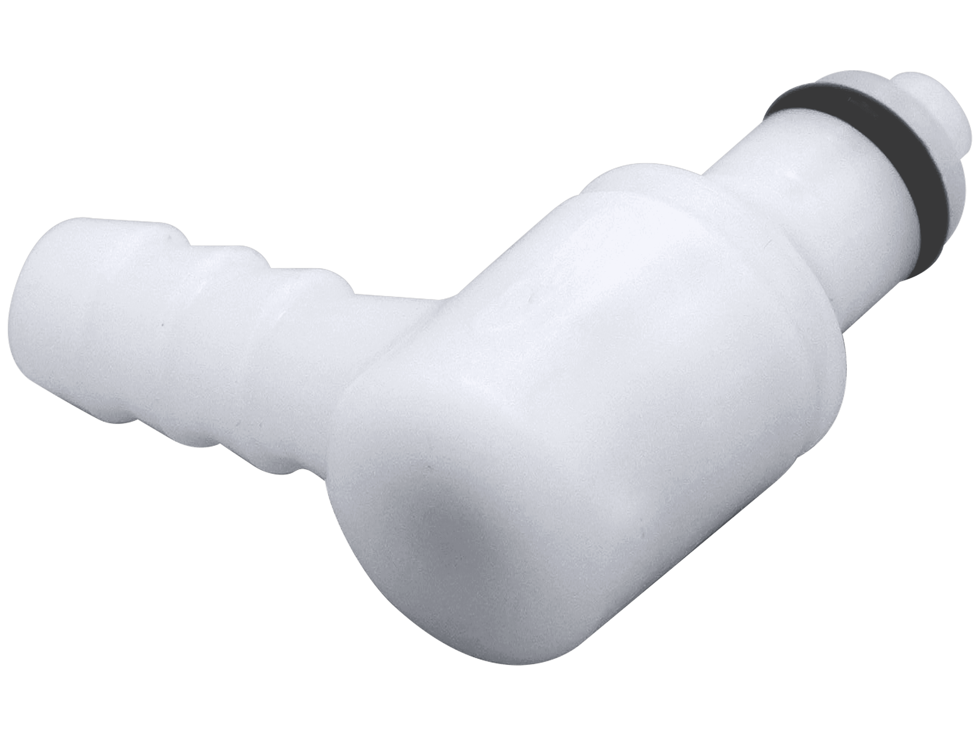 PMC Männlicher Ellbogenkonnektor, mit Ventil, Barb für 1/4"(6,4mm) ID Schlauch, Acetal weiß, bns (Bulk, unsteril)