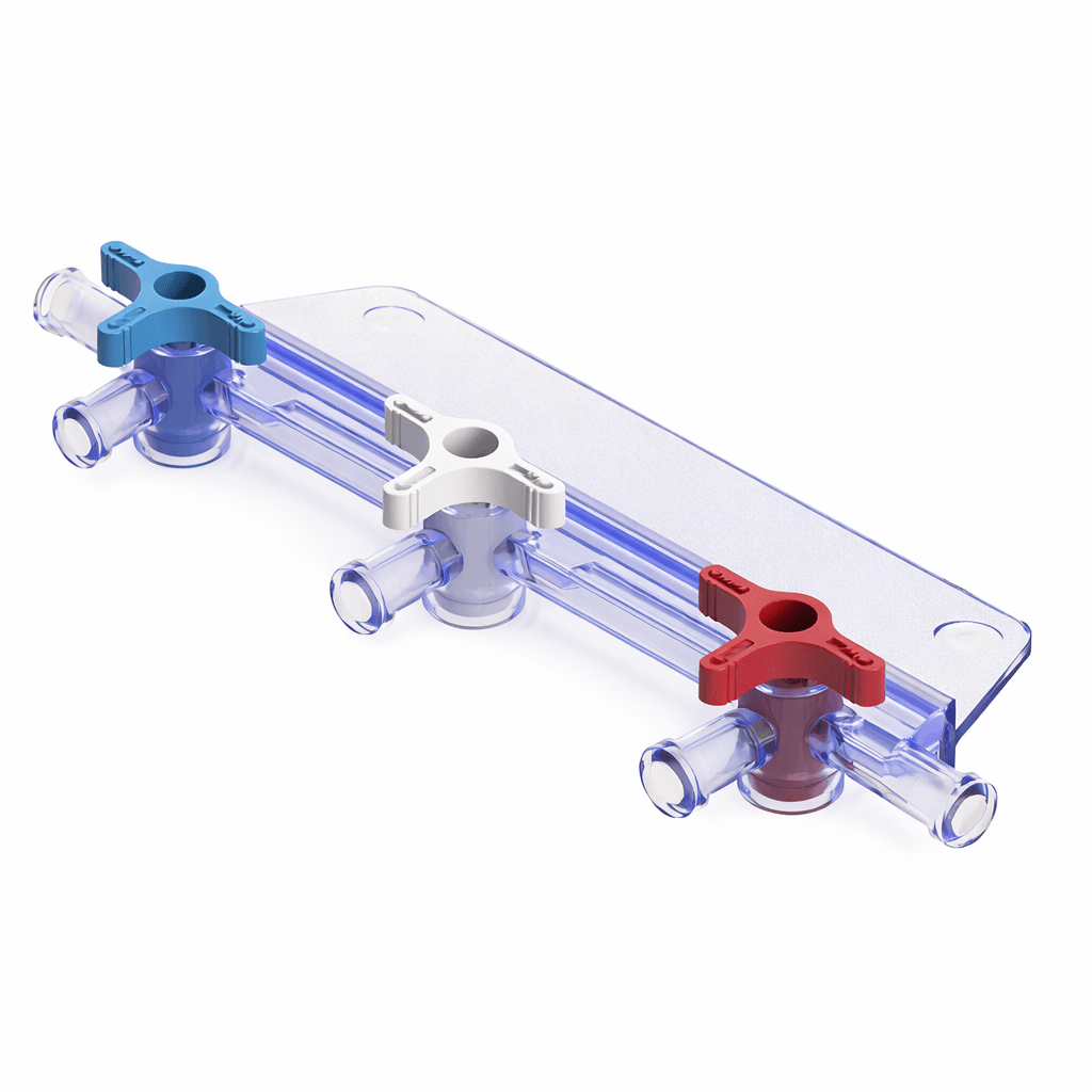 Mednet 3-gang infusion manifold for multi-line IV therapy and parallel drug administration in ICU and OR