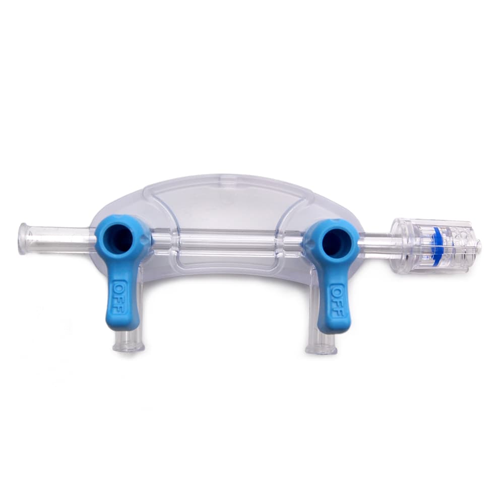 High Pressure Manifold, 2-Gang, 600psi, Luer Female / Luer Male - Rotating Adaptor, OFF Handle, Blue PC (Polycarbonate), Clear, Right, w/o Caps