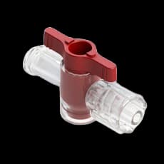 1-Way Stopcock, 43psi (3 bar), Luer Female to Luer Male - Lock, 2-Arm Low Profile, Red PC (Polycarbonate) Clear, w/o Caps
