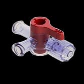 3-Way Stopcock, 29psi, Luer Female to Luer Male - Lock, OFF Handle, Long Arm, Low Profile, Red Short Nut, PC (Polycarbonate) - Radiostable Clear, w/o Caps