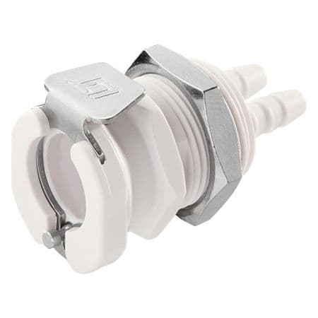 Female Thumb Latch - 42 Series to 3,2mm (1/8") Double Lumen Tube Connection, Panel Mount, ABS (Acrylonitrile butadiene styrene), Open-Flow